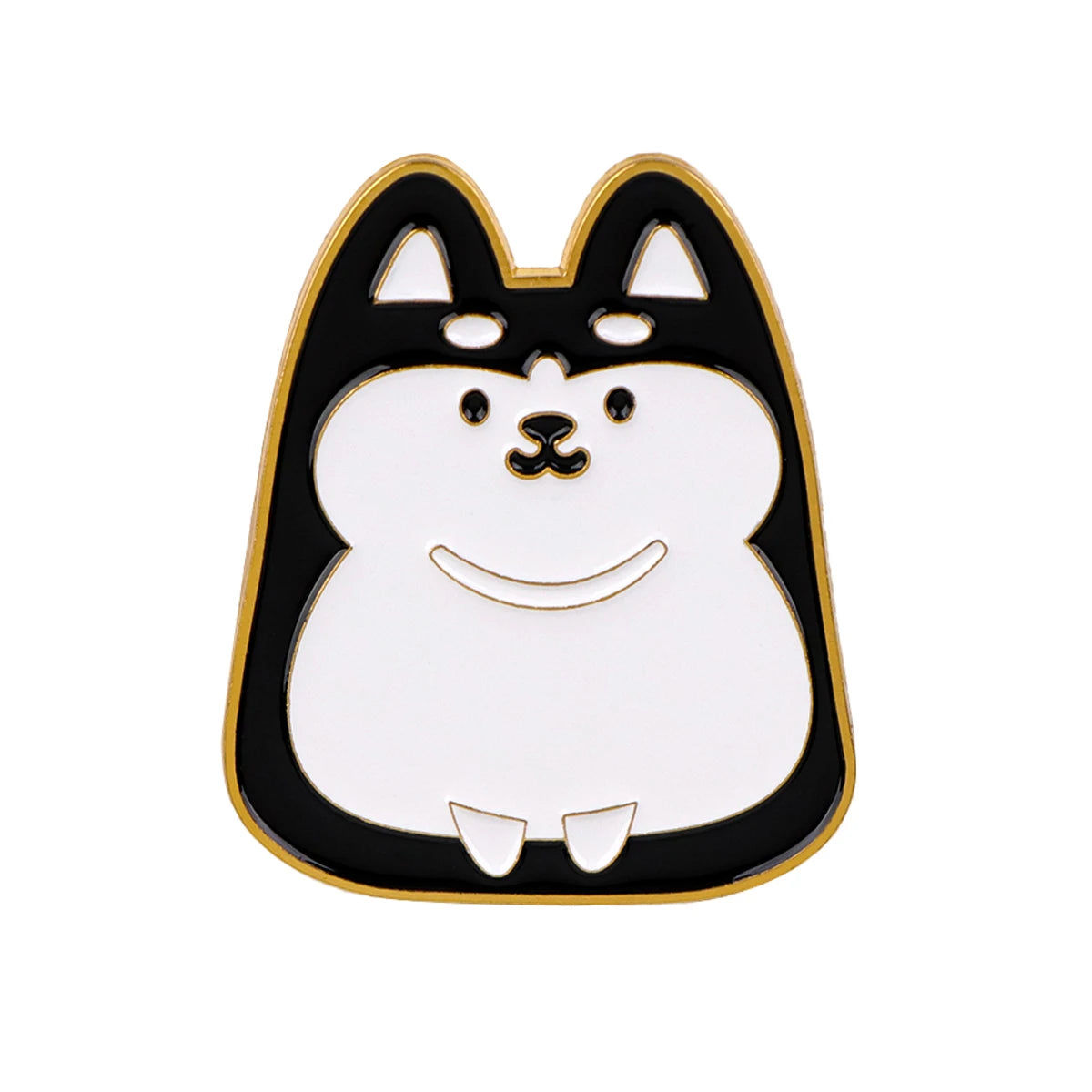 Enamel cat pin, black and white with gold outline and smiling face