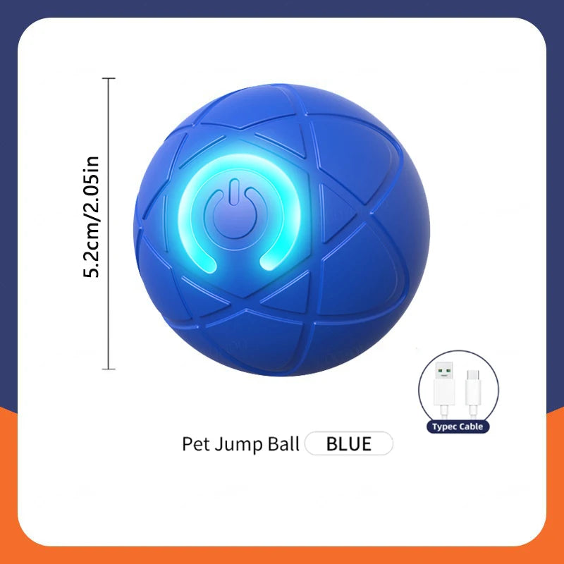 Blue pet jump ball toy with power button icon and built-in LED ring