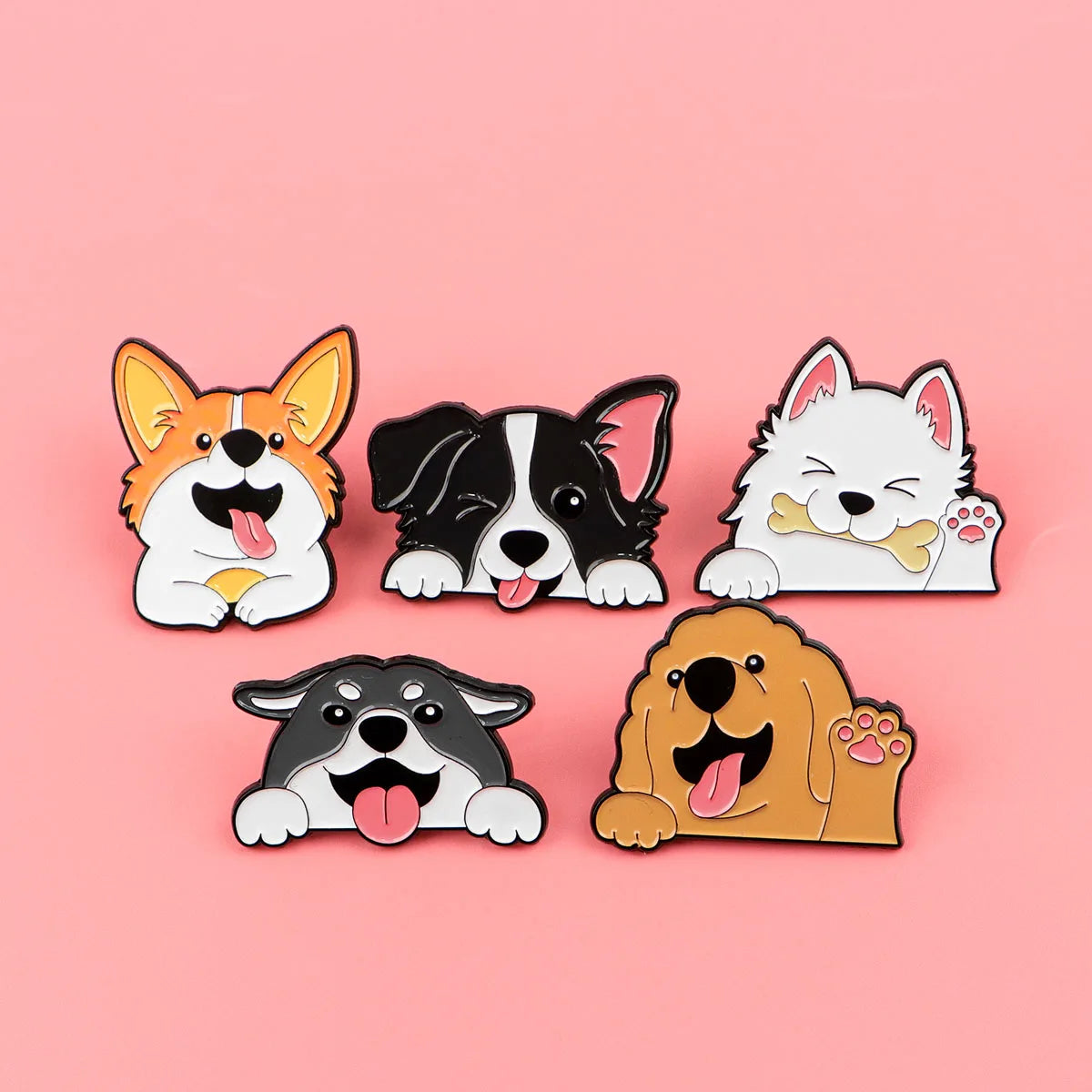 Set of five cute dog enamel lapel pins and brooches with different breeds