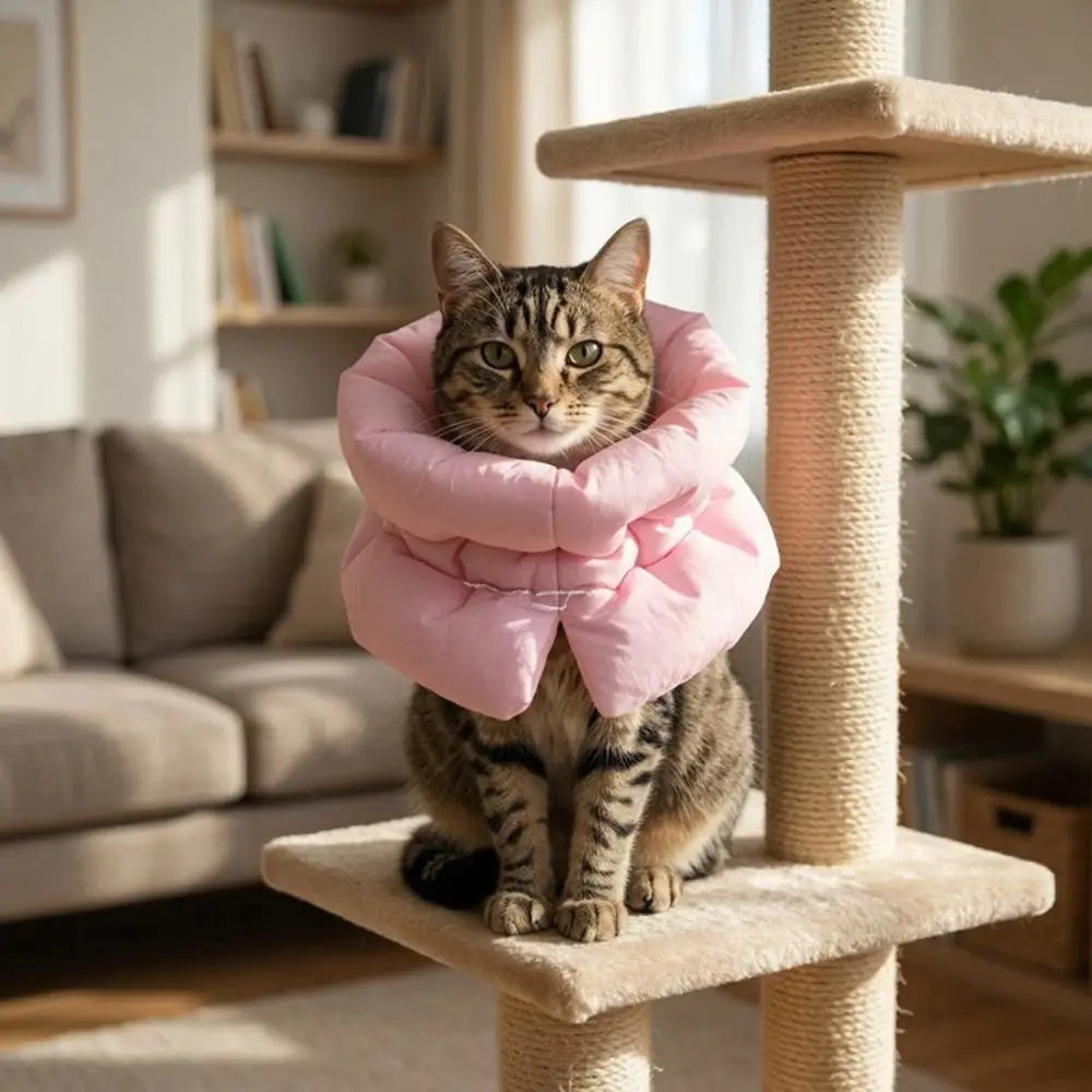 Cat wearing a pink waterproof anti-lick recovery collar with padded ruffled wrap