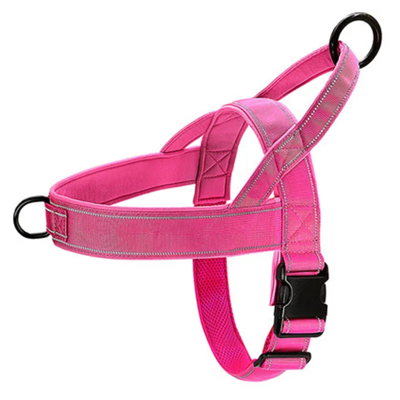 Pink tactical no-pull dog harness with top handle, chest strap, and buckles