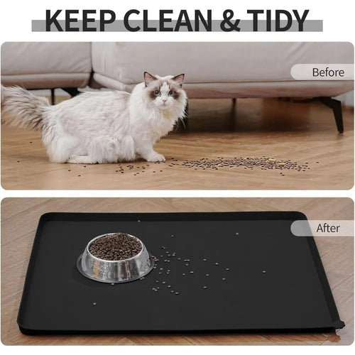 Silicone pet feeding mat with raised edge, black surface with bowl and scattered kibble