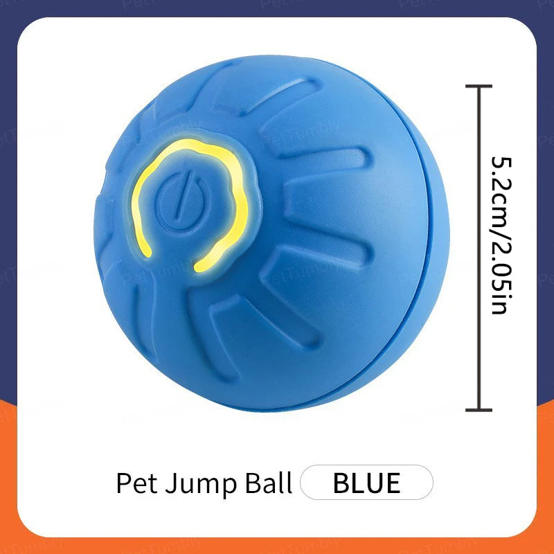 Blue pet jump ball toy with yellow glowing ring and ridged outer design