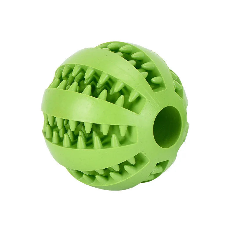 Light green bite-resistant dog treat ball with jagged tooth-grinding ridges