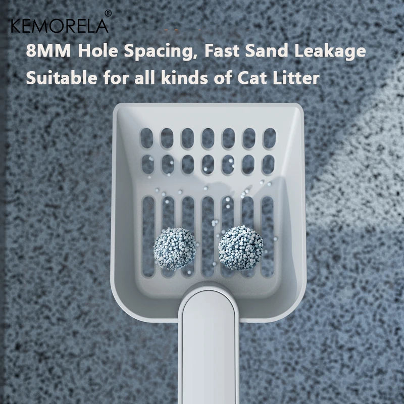 White cat litter scoop with perforated shovel and base, upright handle