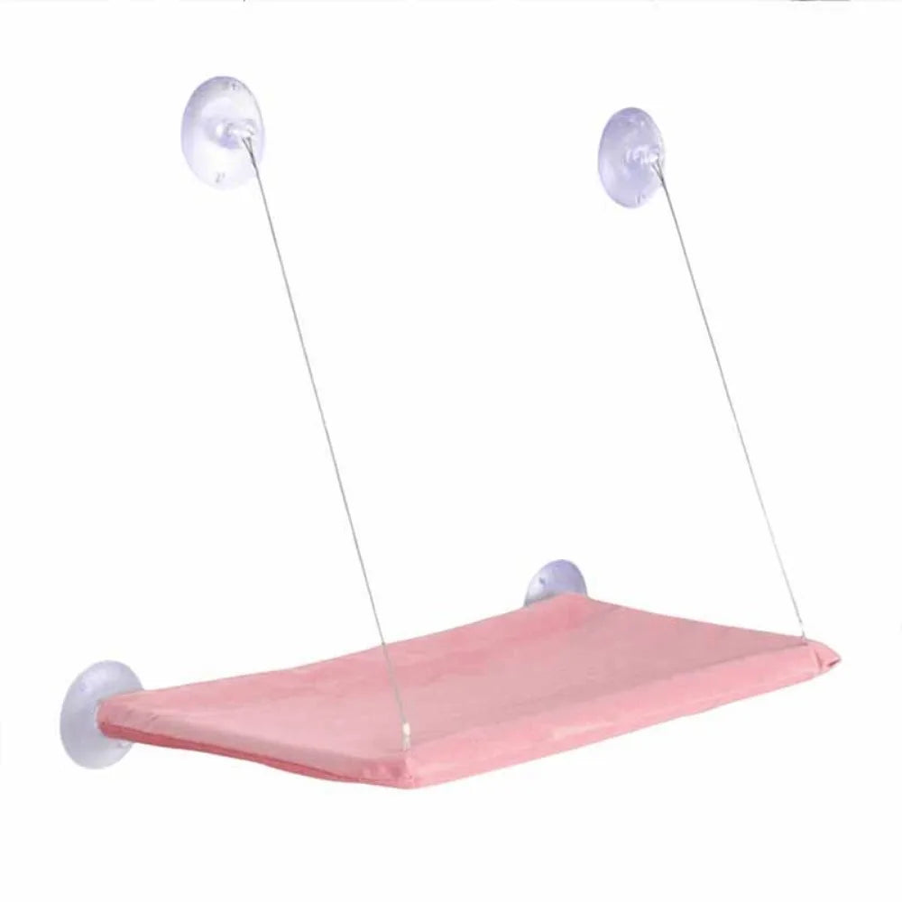 Hanging cat hammock bed with pink cushion and three suction cup supports