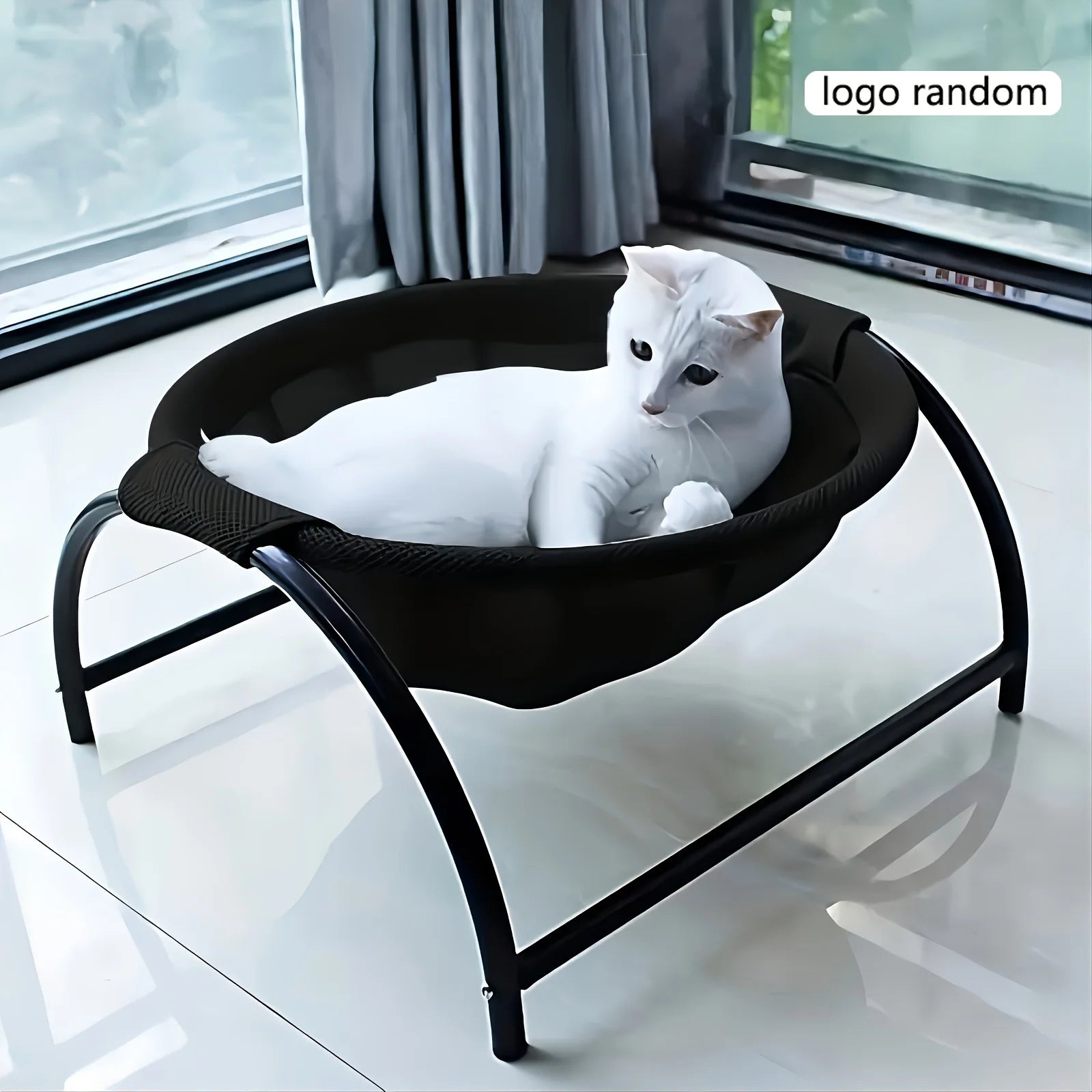 Cat hammock bed with black mesh hammock and black metal stand, cat sleeping