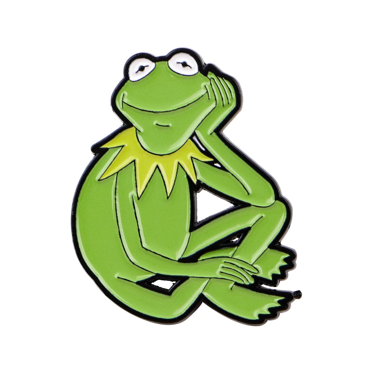 Enamel lapel pin with green frog character with smiling face