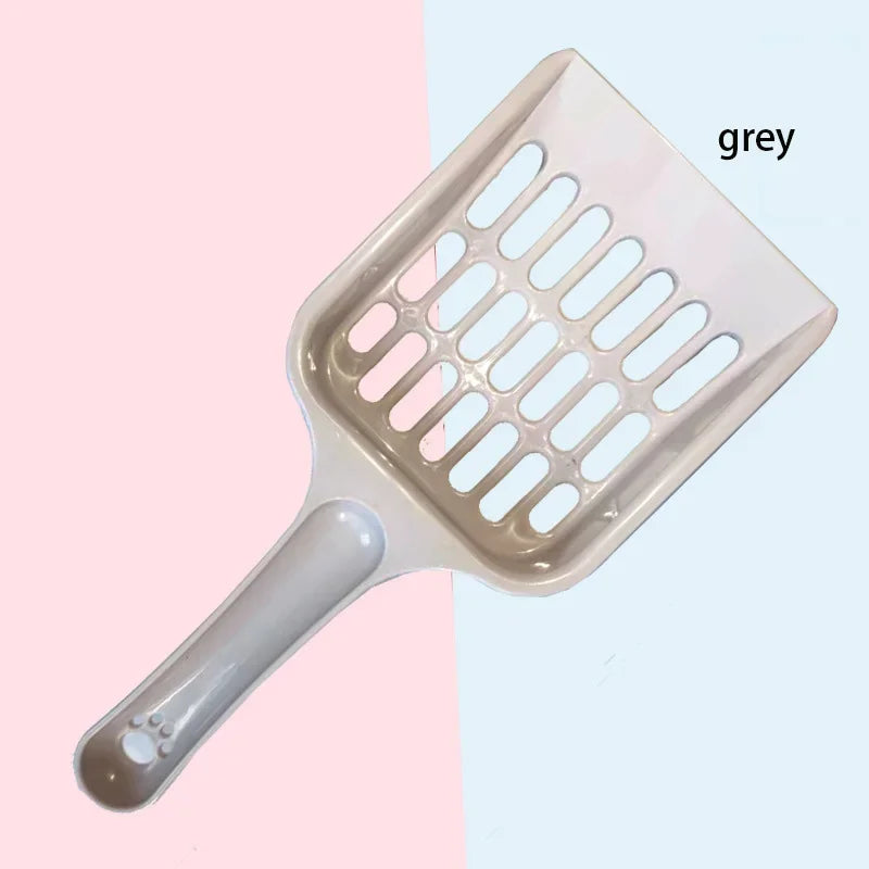 Grey cat litter sand scoop with perforated grid and long handle