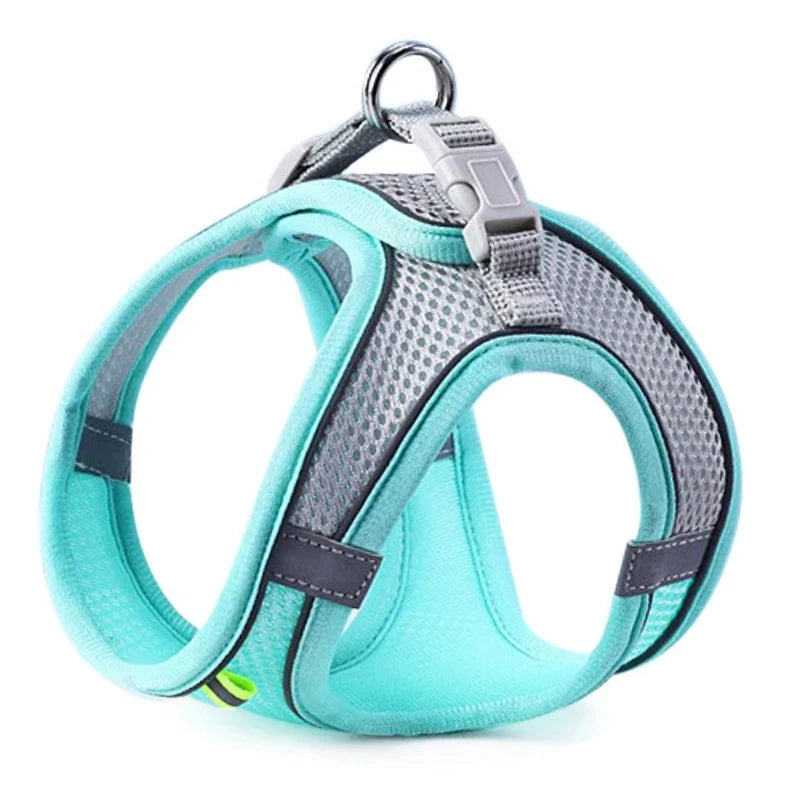 Dog harness vest with chest rope, turquoise and gray mesh, front cross straps