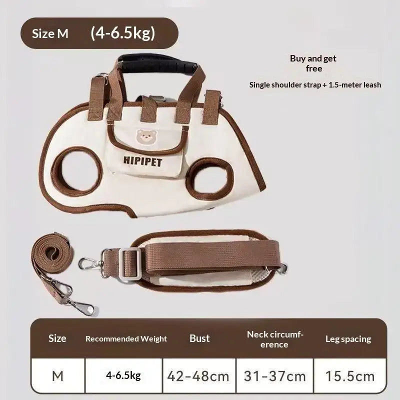 Pet carry bag size M (4–6.5kg) with shoulder strap and leash, size chart shown