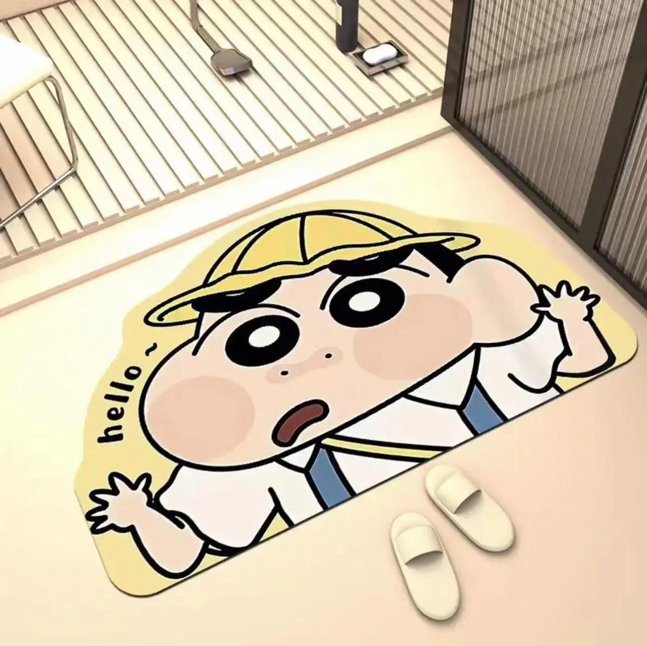 Cartoon bath mat with closeup character lying down, illustrated face and yellow cap