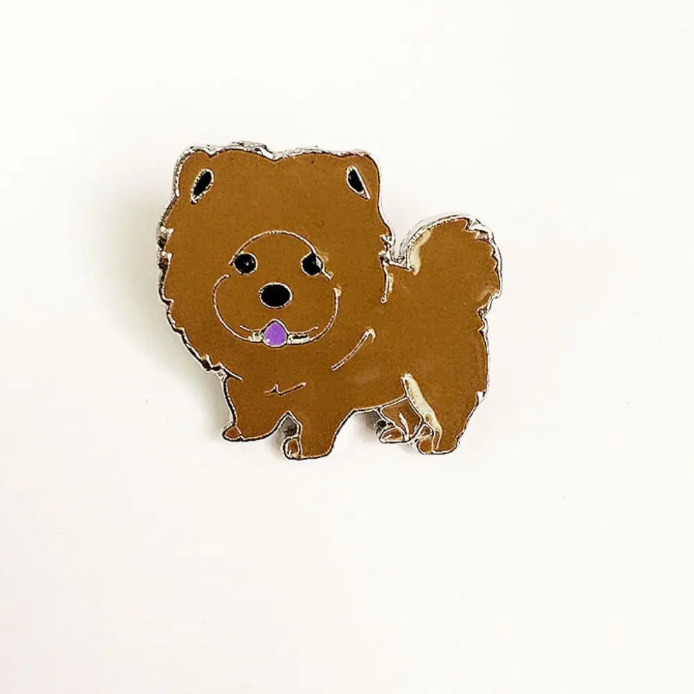 Brown cartoon dog enamel pin badge with dark eyes and purple nose