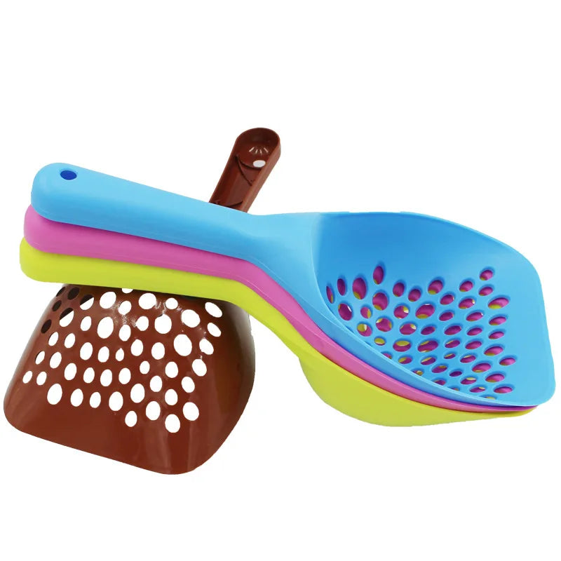Cat litter scoop set with perforated shovels in blue, pink, yellow, and brown