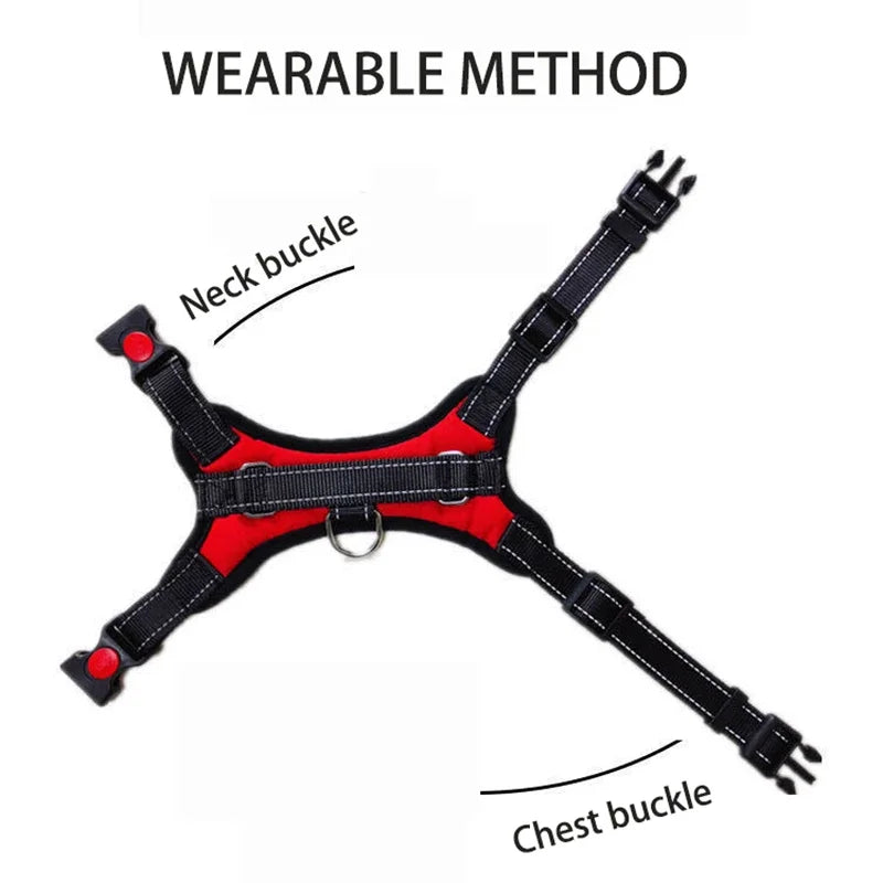 Red and black dog harness vest with neck buckle and chest buckle clips