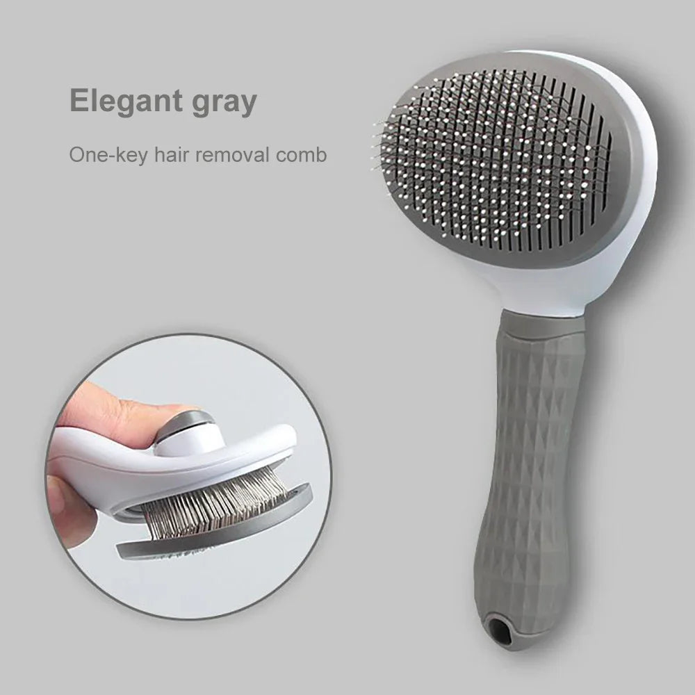 Gray pet grooming comb brush with one-key hair removal and stainless teeth