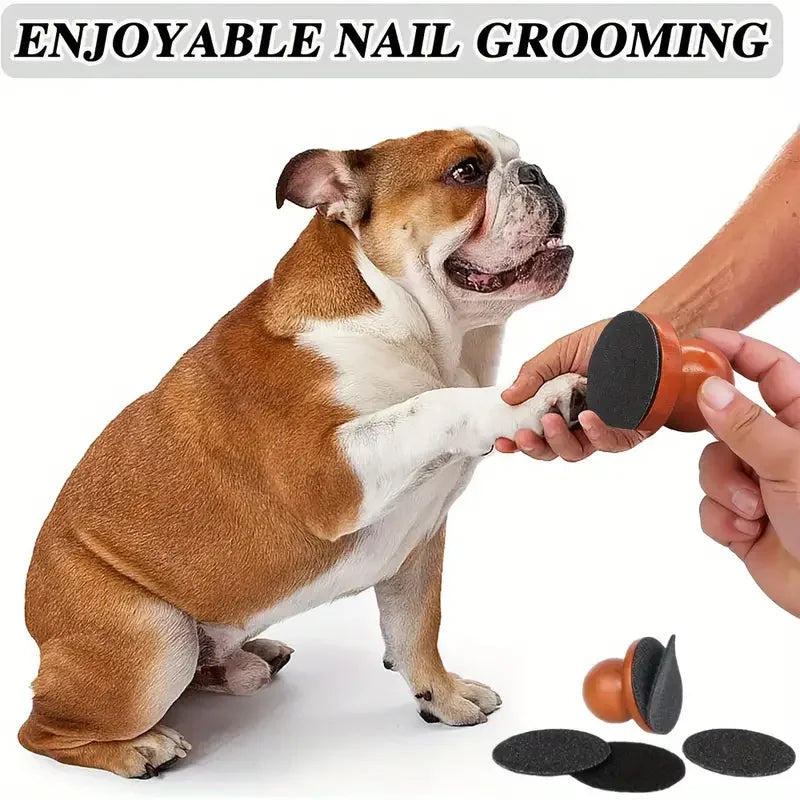 Dog nail grooming tool: orange-brown handle with black abrasive pad in use