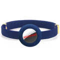 Blue woven cat breakaway collar with dark blue round AirTag holder and gold buckle