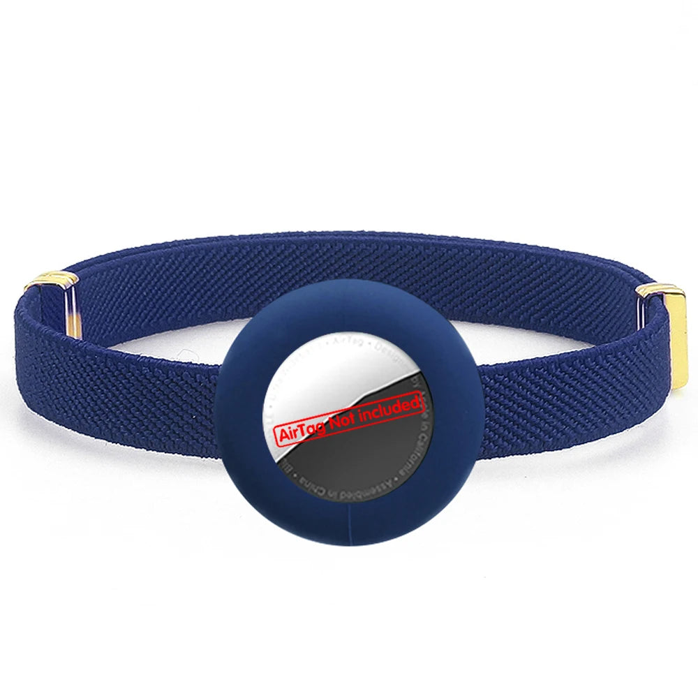 Blue woven cat breakaway collar with dark blue round AirTag holder and gold buckle
