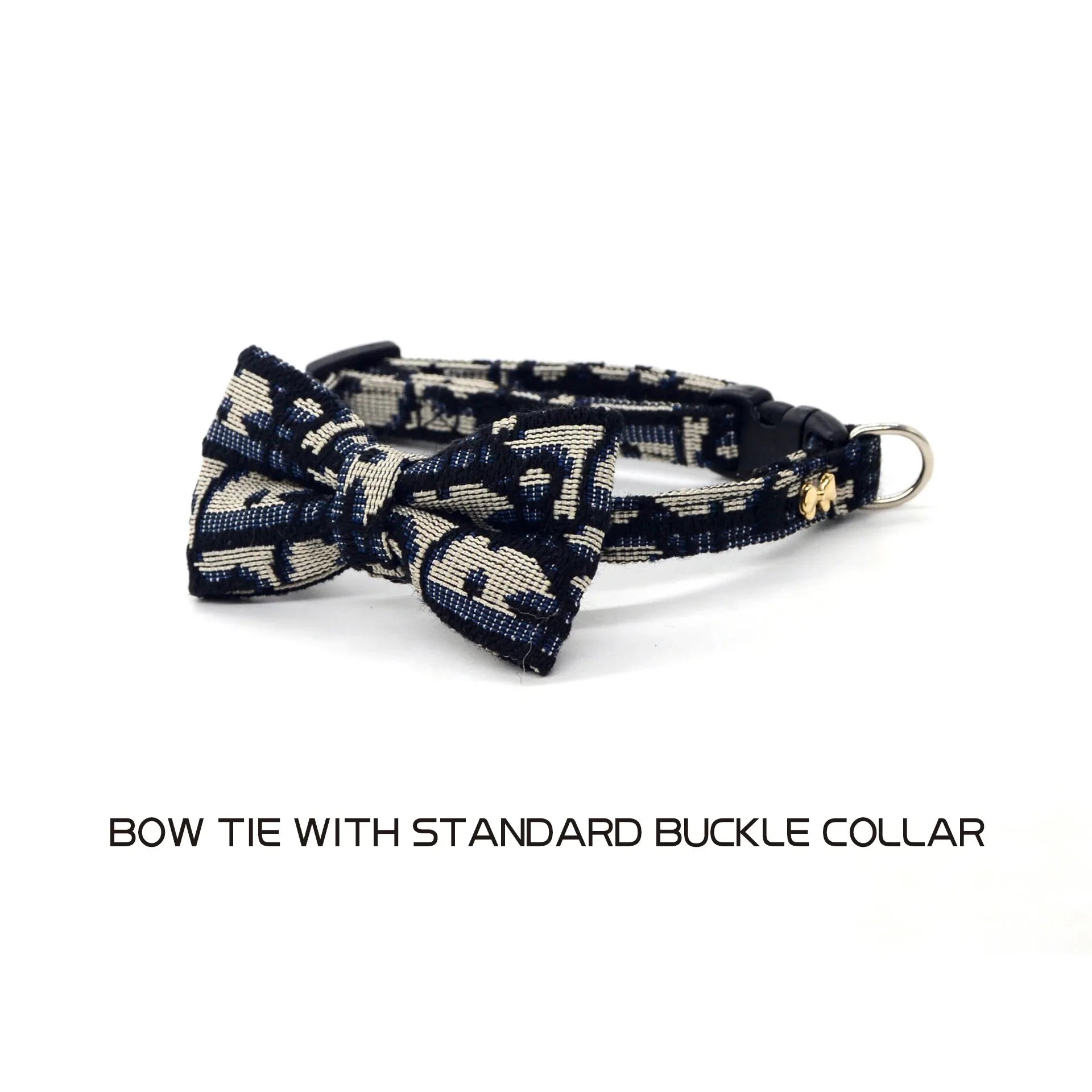 Bow tie collar with standard buckle, dark blue and cream patterned fabric strap