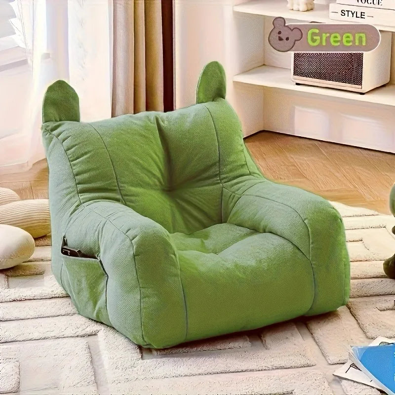 Green plush cat sofa bed, low seat with curved backrest
