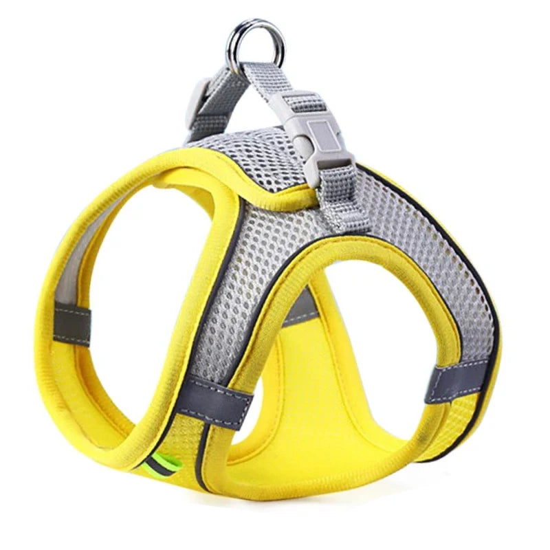 Yellow breathable dog harness vest with gray mesh straps and metal D-ring