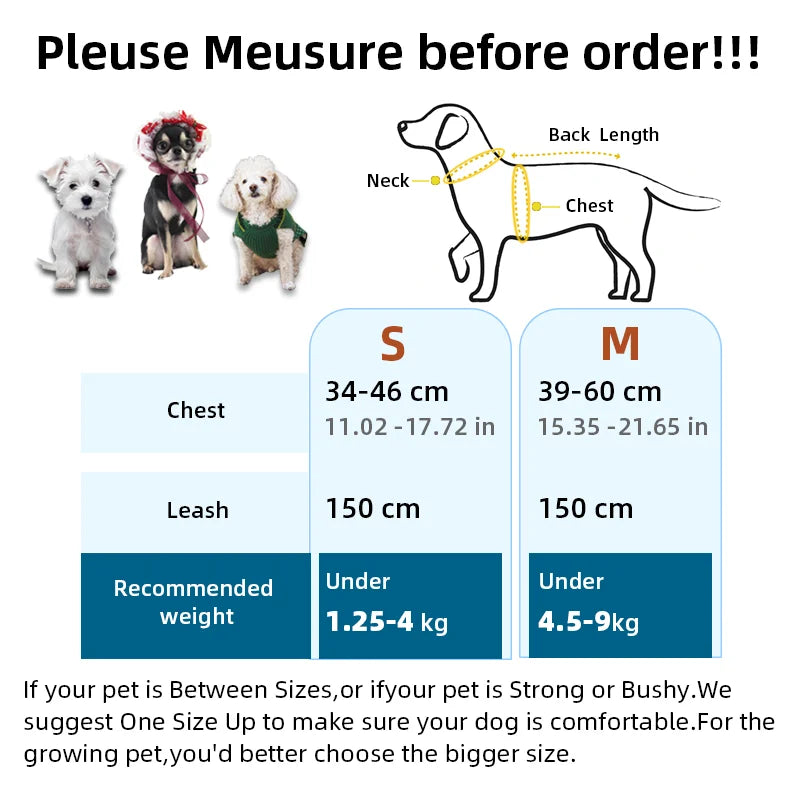 Dog harness size chart with neck and chest measurements and leash length details