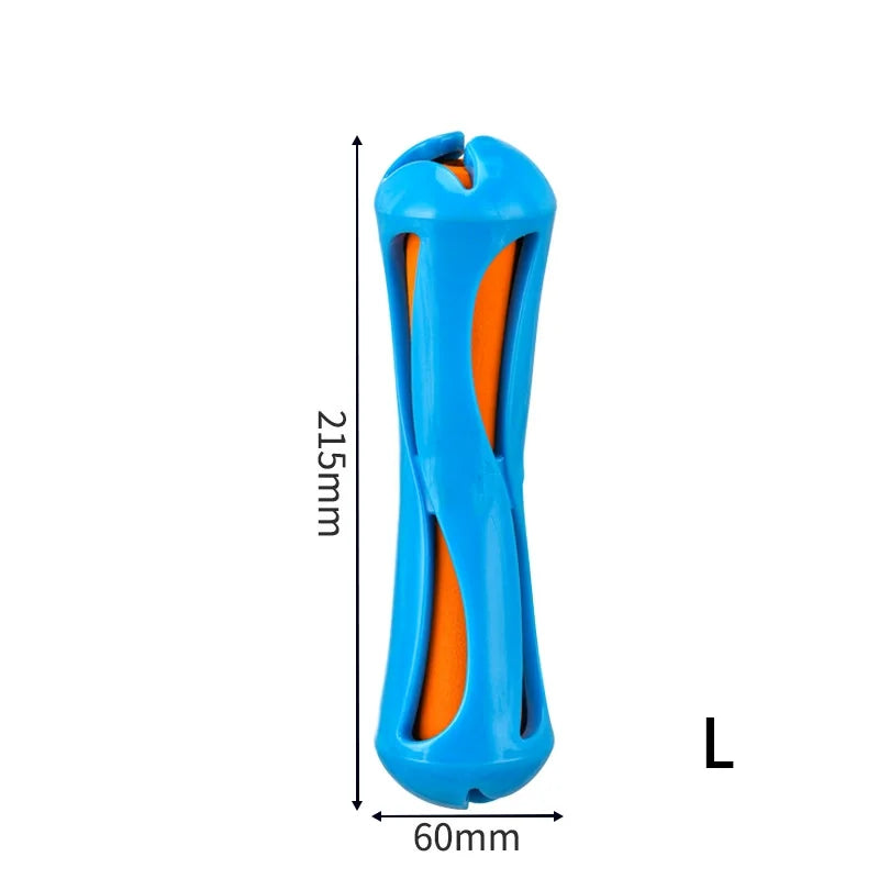 Blue L dog water float chew stick toy with orange interior accents, single view.