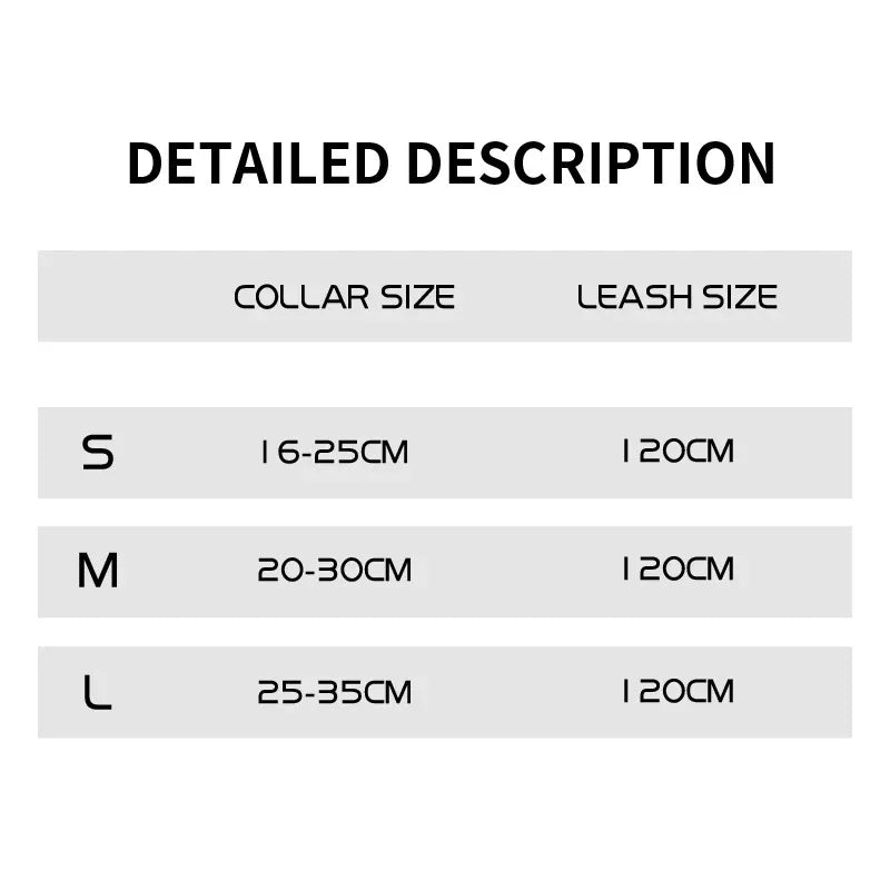 Size chart for collar and leash: S16-25cm, M20-30cm, L25-35cm; leash 120cm