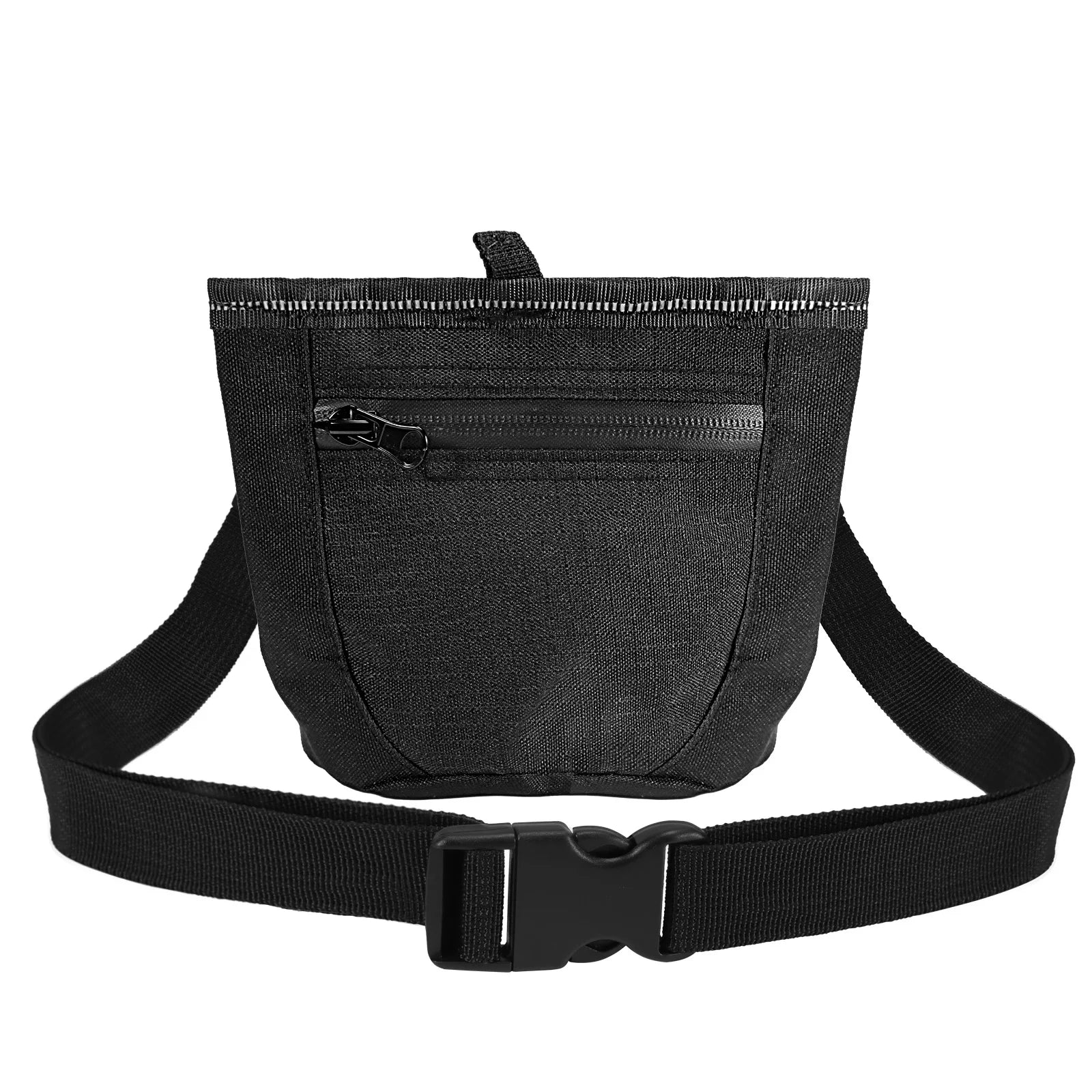 Black waist dog food travel storage bag with front zip pocket and waist buckle strap