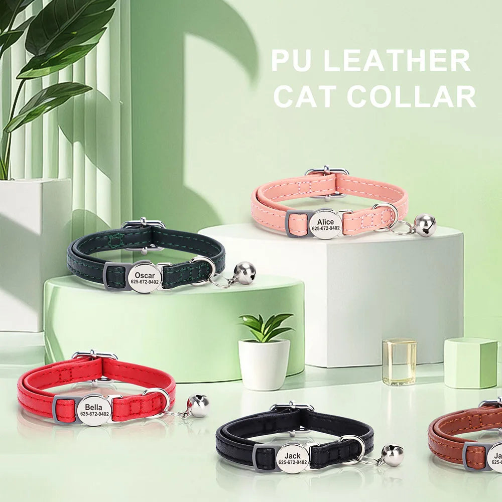 PU leather cat collar collection with adjustable buckles and hanging bells (pink, black, red)