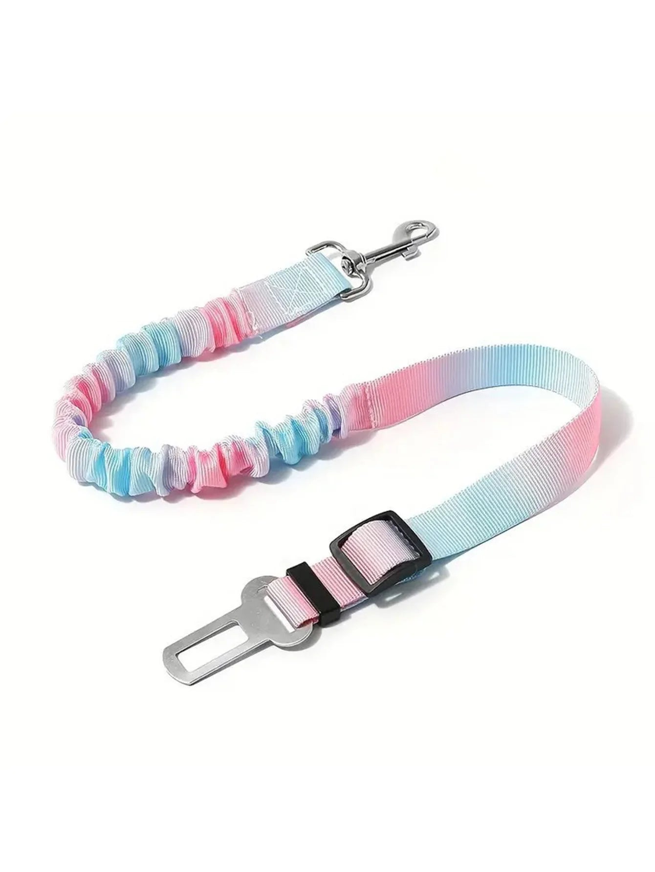 Elastic pet safety belt strap with pink and aqua webbing, metal hook and buckle