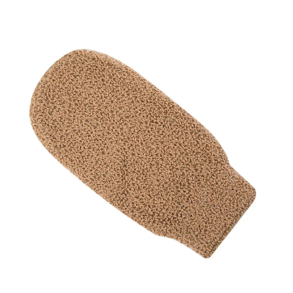 Tan exfoliating bath scrub mitt with coarse looped texture.
