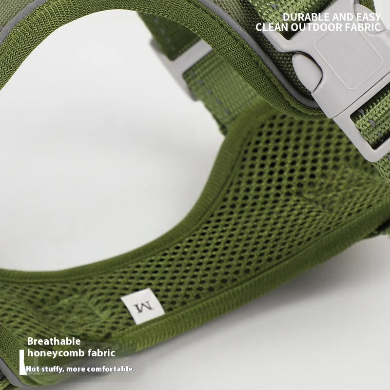 Green honeycomb mesh dog harness vest with buckle clip and strap edge