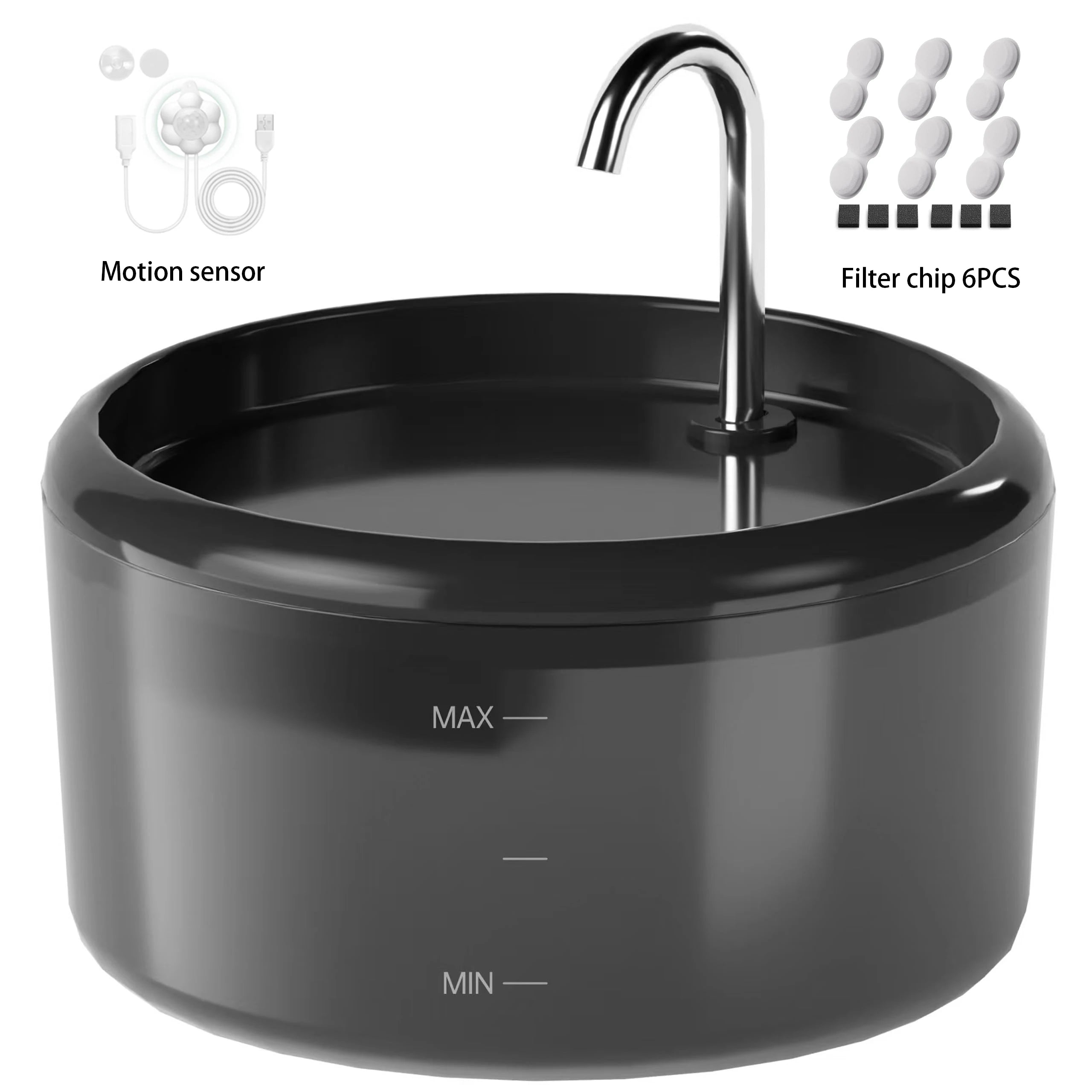 2.4L cat water fountain with motion sensor, dark gray bowl and chrome spout