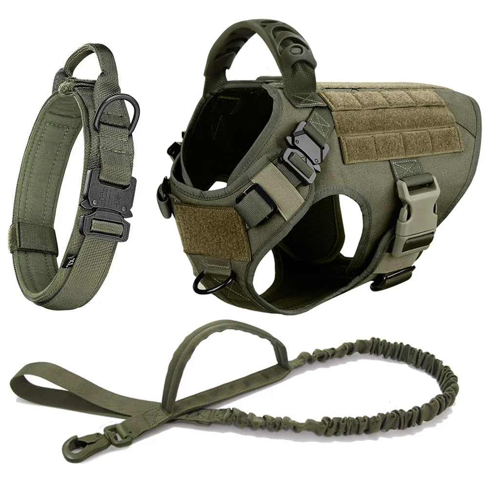 Dog harness vest set with leash and neck strap, olive green