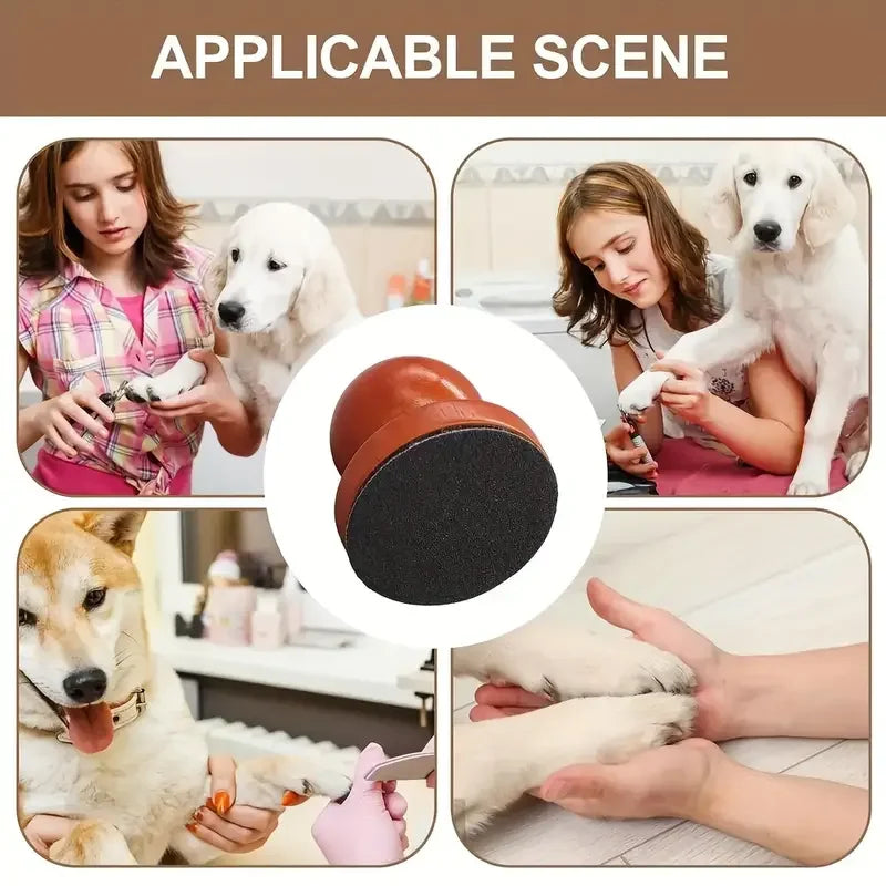 Pet nail grooming buffer held in hand, orange-brown handle with black pad