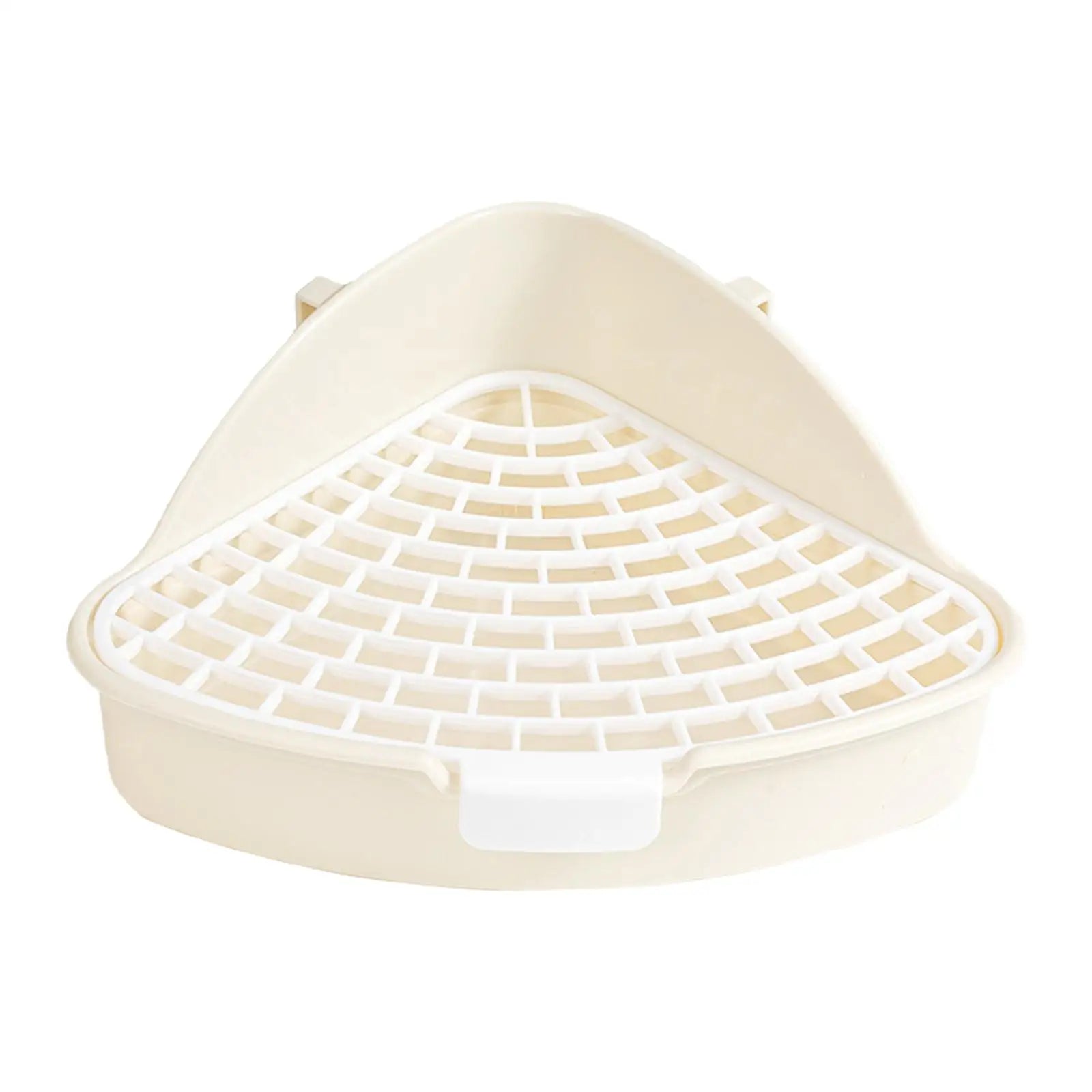 White small animal litter pan with white raised mesh grid and front scoop handle