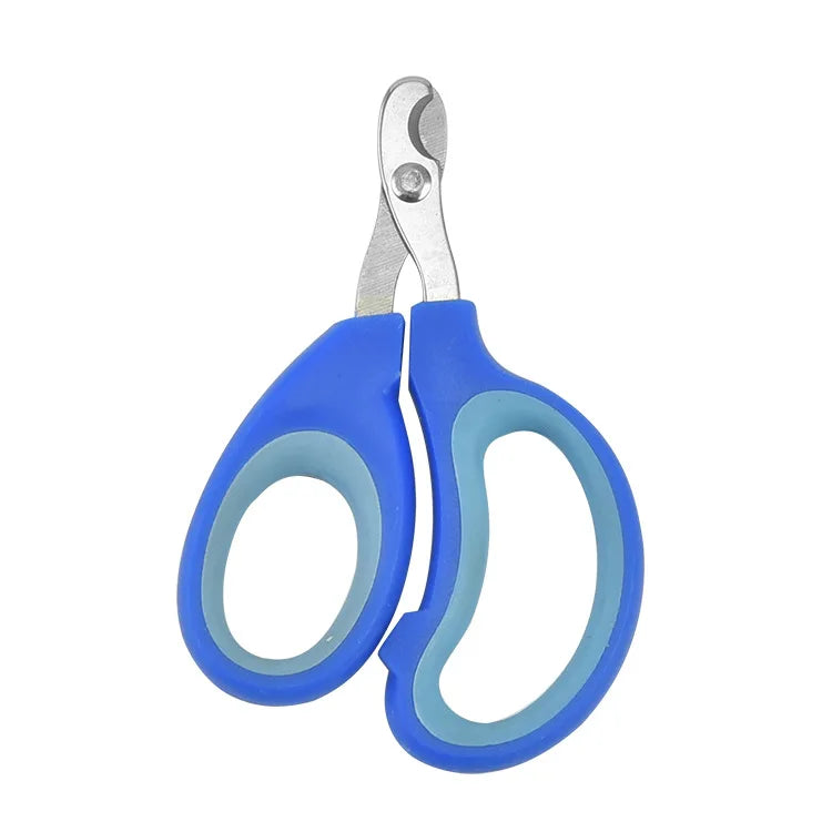 Pet nail clippers with safety guard, blue loop handles and silver trimming blades