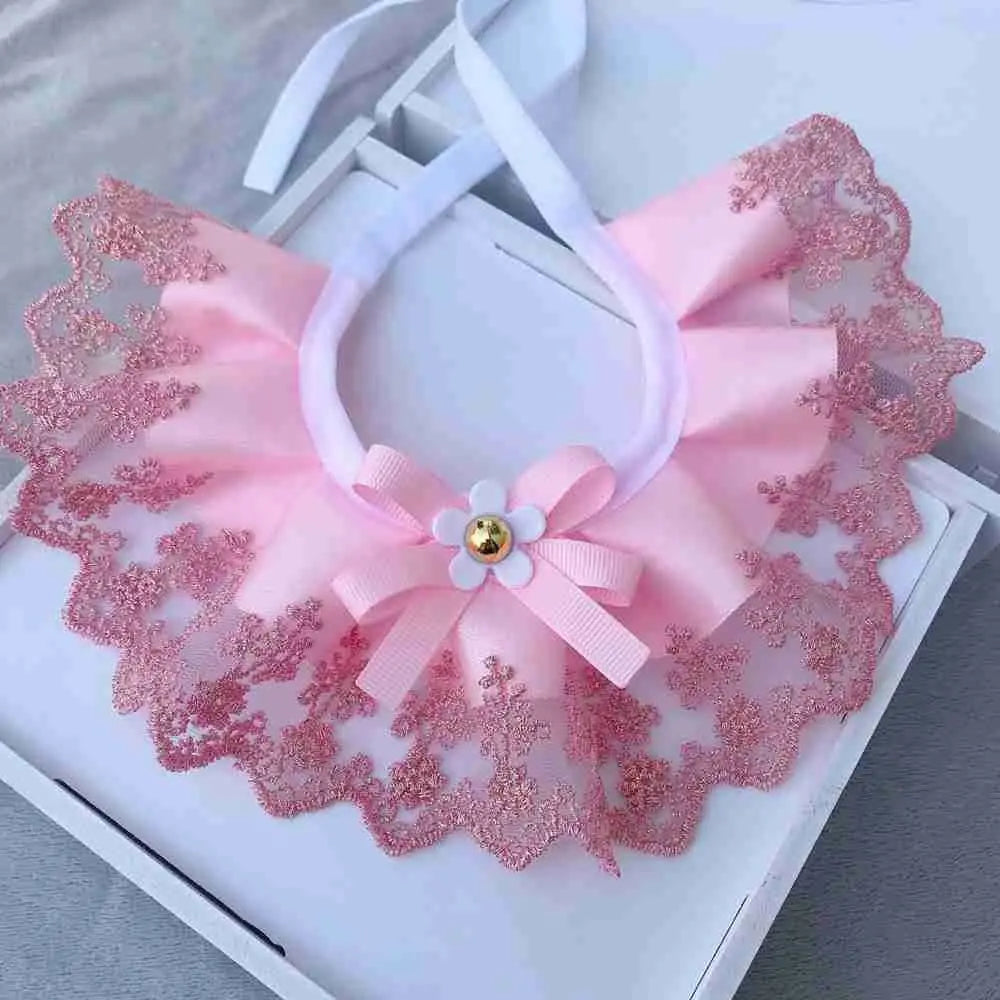 Pink lace mesh pet scarf collar with bowknot and flower clasp