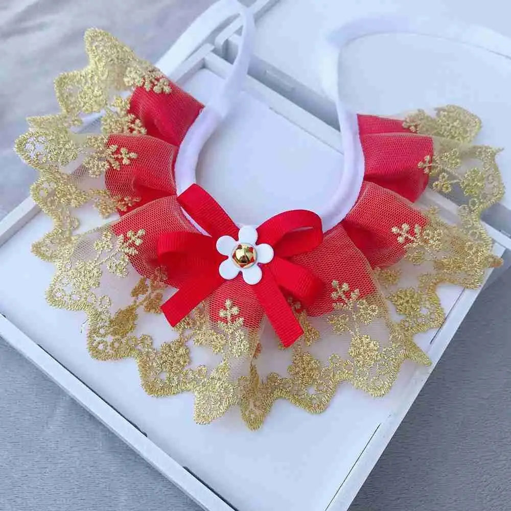 Red lace mesh pet scarf collar with red bowknot and gold flower center