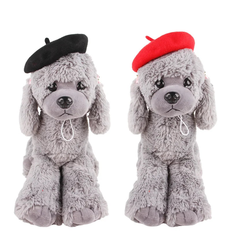 Plush dog costume wearing a pet beret hat in black or red