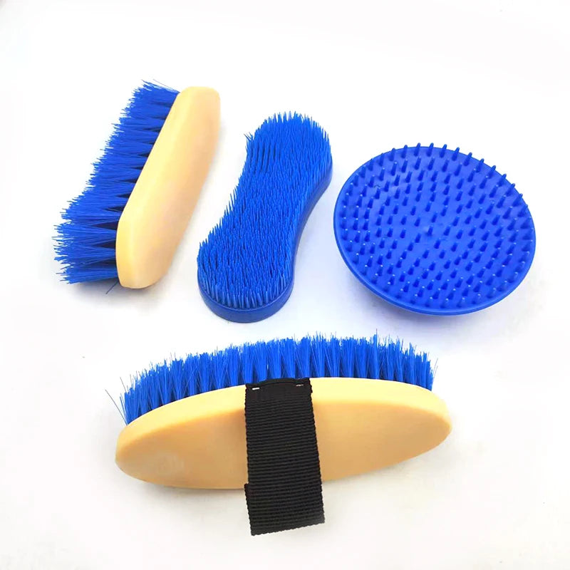 Horse grooming brush set with blue bristle brushes and a blue round massage pad