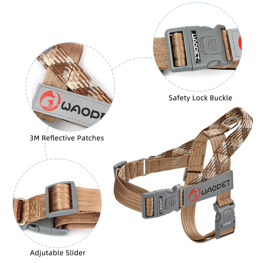 Large dog safety chest harness in brown with reflective patches and gray buckle