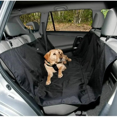 Black waterproof rear seat dog mat hammock laid across the car back seat