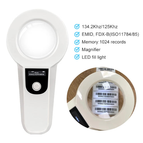 White animal microchip reader scanner with circular scan window and LCD panel