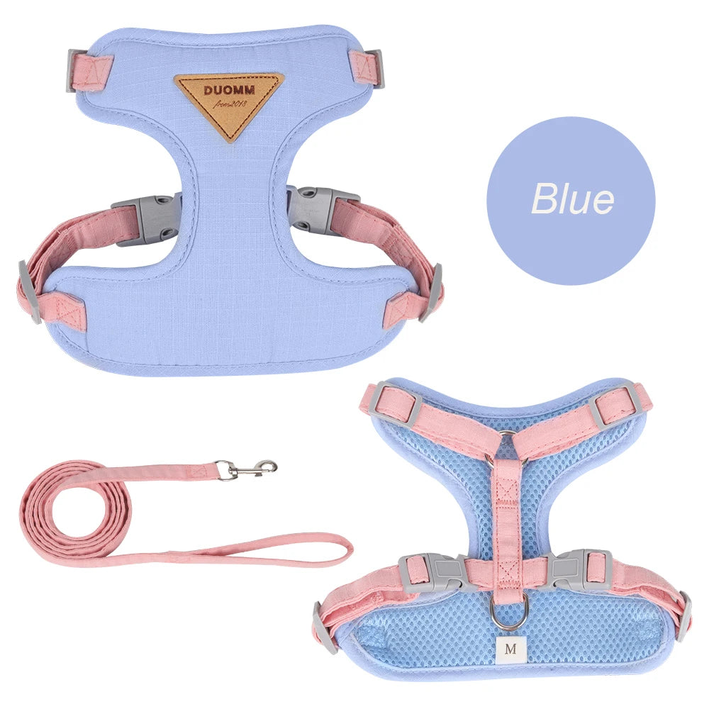 Blue breathable pet harness set with pink accents, leash, and adjustable straps