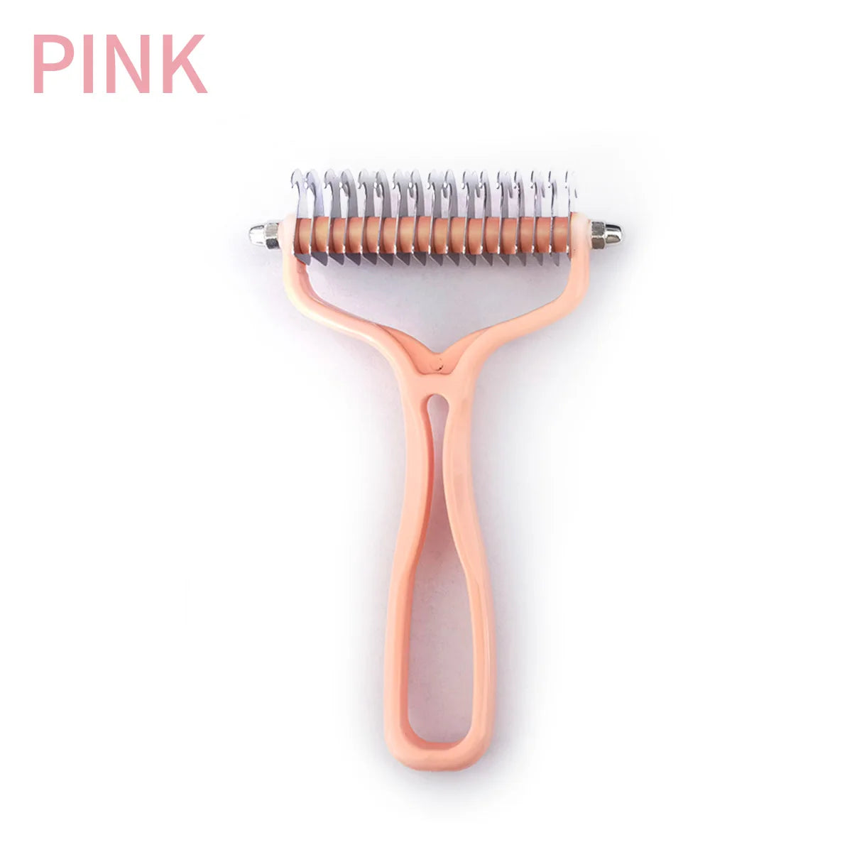 Double-sided cat fur knot cutter comb with pink handle and stainless cutting teeth