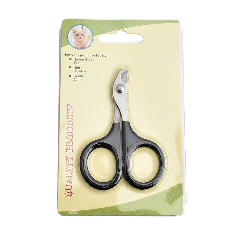 Pet nail grooming scissors with black handle accents and silver blades in retail blister pack