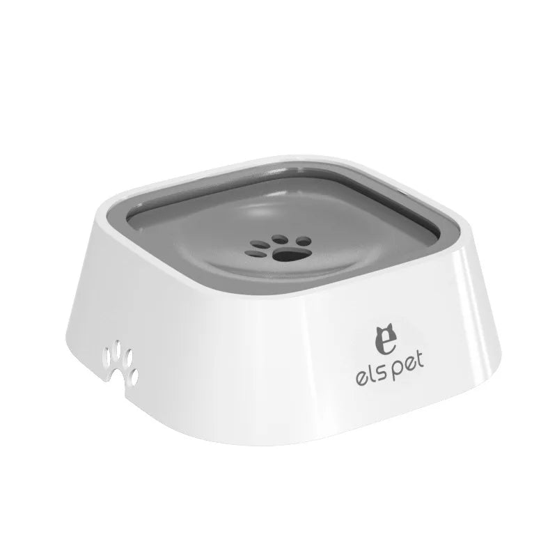 No-spill slow water feeder dog bowl, white with dark gray top insert and paw logo.